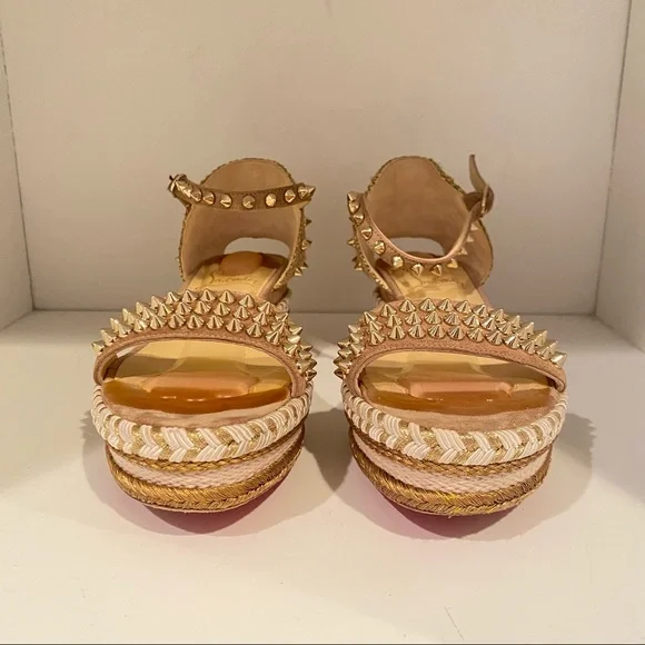 ❤️ Sold Christian louboutin Madmonica Espadrilles Wedge Sandals Spike Gold - Picture 12 of 14